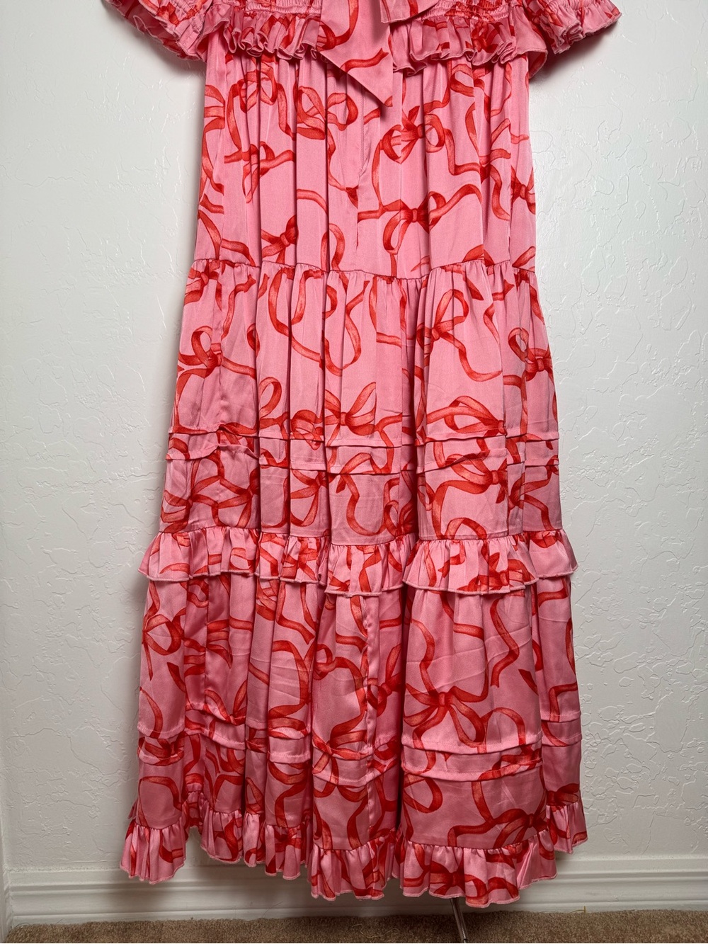 Ivy City Co Pink and Red Ribbon and Bow Print Ruffle Tiered Maxi Dress - Picture 12 of 14